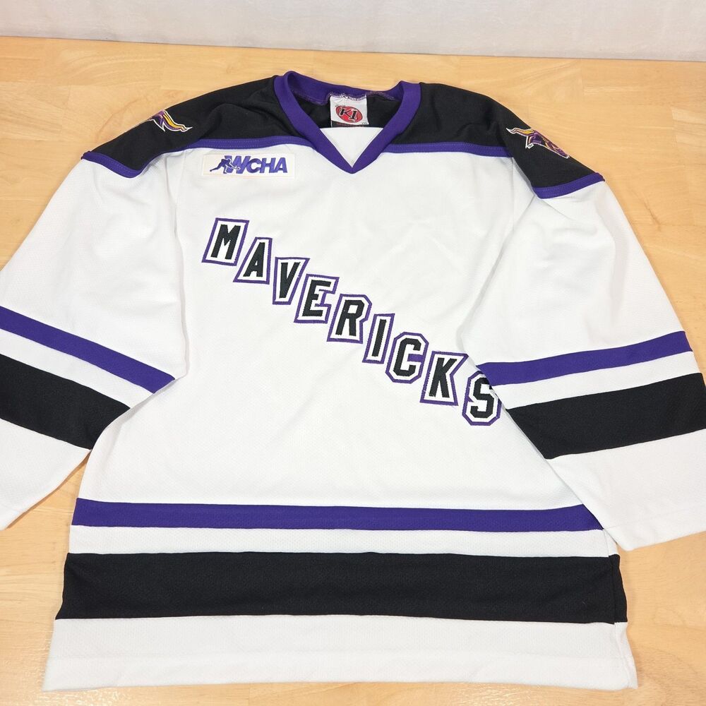 MINNESOTA STATE Mankato Mavericks YOUTH Sz XL White Purple K1 Hockey Jersey WCHA